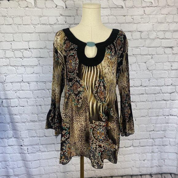 NICOLA Tops - LAST CHANCE Vintage Nicola XL Plisse Animal Print Brown Pendant Blouse